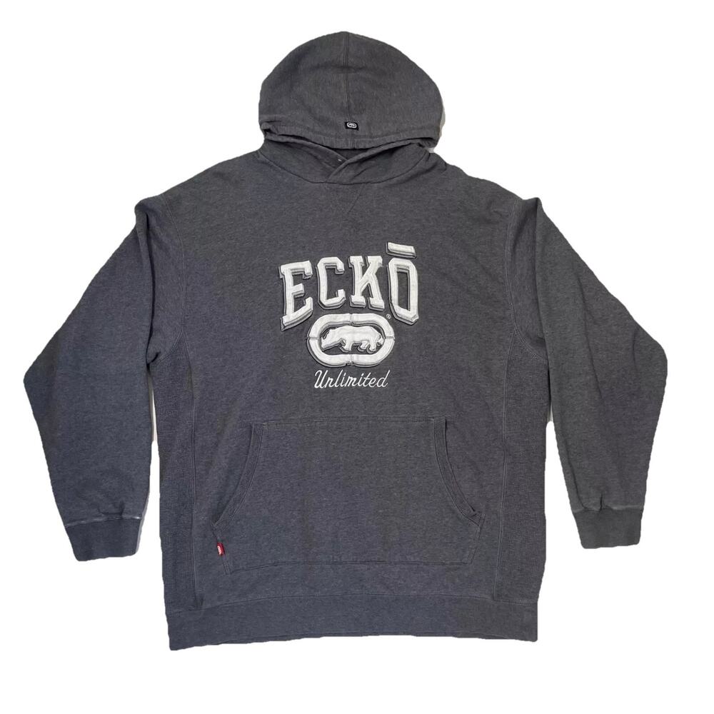 Y2K Ecko Unltd Hoodie XL Gray Rhino Logo Pullover Skater Streetwear‎ Hip Hop Vtg